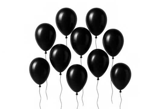 Black balloons floating in celebration, festive elements for party, birthday, anniversary events, elegant isolated decoration