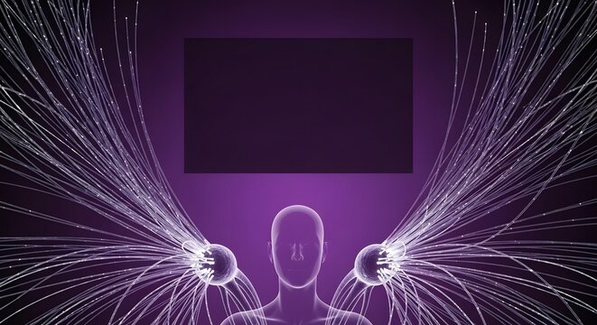 Brain communication network, Abstract Human Silhouette with Fiber Optic Cables on Purple Back