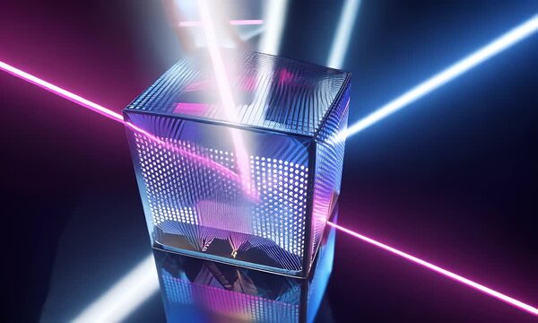 Abstract geometric cube with intricate circuit board patterns and glowing neon pink light beams illuminating its transparent surfaces in a dark futuristic environment