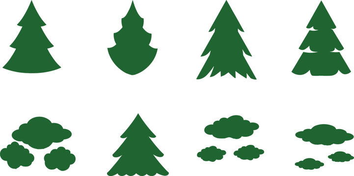 Green pine and bush silhouette vector collection, minimalist nature shapes, evergreen forest elements, simple eco design illustration for decoration and landscape projects