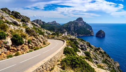 Scenic coastal drive with a winding road alongside a rocky terrain, clear blue sea and sky, and a distant island