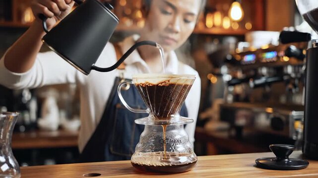 Barista pours hot water with coffee brewing.
