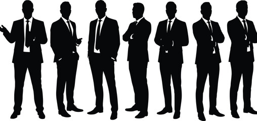 Group of businessmen silhouettes in formal suits, professional male figures standing together, corporate teamwork vector illustration, elegant business people concept design
