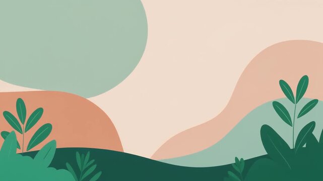 A serene and minimalist illustration depicts abstract shapes and organic forms with a soft color palette of greens, pinks, and beige, creating a calming and artistic background.