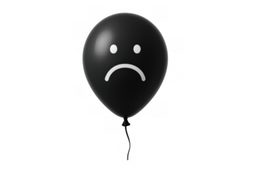Black sad balloon showing an unhappy frowny face, feeling disappointment, experiencing negative emotion on transparent background