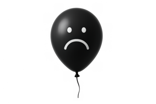 Black sad balloon showing an unhappy frowny face, feeling disappointment, experiencing negative emotion on transparent background