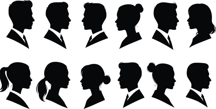 Male and female head profile silhouettes, business people side view collection, professional avatar vector illustration, black and white design for corporate identity and branding