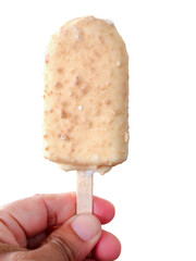 Hand Holding Vanilla Ice Cream Bar with Crunchy Bits