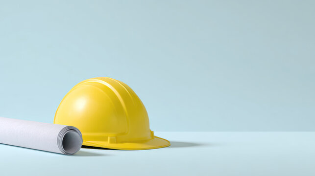 Yellow safety helmet placed next to rolled blueprint smooth light blue surface, symbolizing construction planning and safety - Powered by Adobe