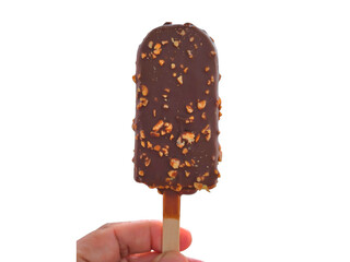 Hand holding a chocolate-coated ice cream bar with crunchy almond nuts on white background.