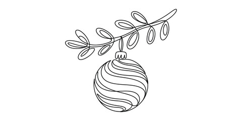 Christmas bauble hanging from branch continuous line art design