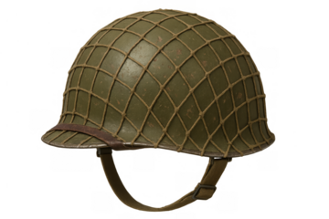 Military m1 helmet with camouflage netting protecting soldier head during world war ii isolated with transparent background