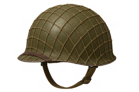 Military m1 helmet with camouflage netting protecting soldier head during world war ii isolated with transparent background