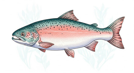 Fototapeta premium Watercolor salmon swimming upstream, splashing river waves, soft gradient blues and pinks, dynamic motion, delicate brush textures, nature illustration 