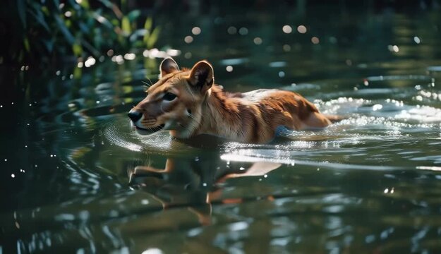 Dingo Swimming, Water Reflection, Australian Wildlife, Native Dog