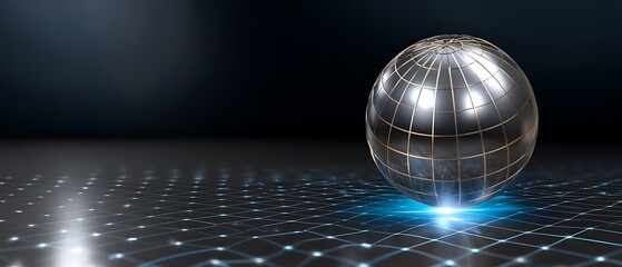 Metallic 3D Globe on Digital Grid with Blue Light Reflection in Dark Space
