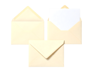 Three square cream envelopes, one open, one with a white card, and one closed, on a white background, isolated cutout