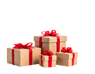 A stack of four tan gift boxes with red ribbons and bows of varying sizes, isolated on transparent background