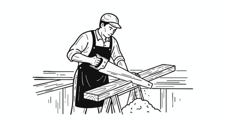 A carpenter meticulously saws through a wooden plank, demonstrating skillful craftsmanship and precision in a workshop setting, creating sawdust.