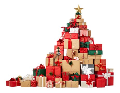 Christmas tree shape made of stacked wrapped presents with gold star topper on clean white background