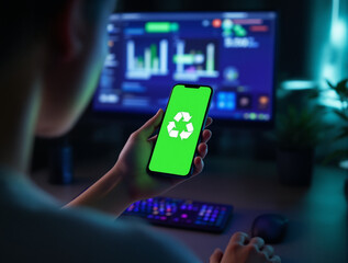 Person holding smartphone with recycling symbol on green screen in dark workspace