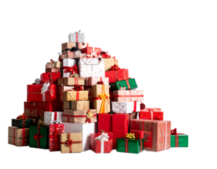 A large pile of christmas gifts wrapped in colorful paper with ribbons stacked high on white, cutout