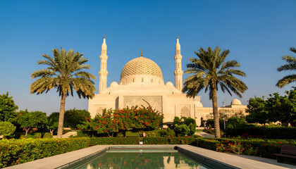 Beautiful Mosque with Palm Trees and Reflecting Pool Under a Clear Blue Sky.
