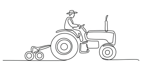 Farmer driving a tractor with implement continuous line drawing