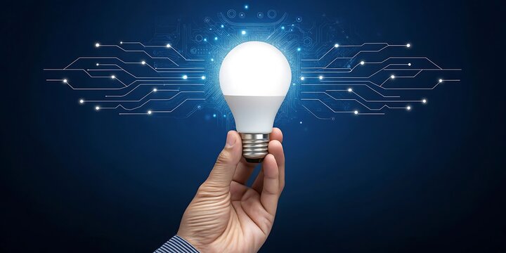 Hand holding bright light bulb against digital circuit background