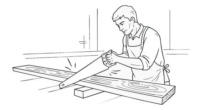 A skilled carpenter meticulously saws through a wooden plank, demonstrating precision and craftsmanship within a workshop setting, showcasing the art of woodworking. - Powered by Adobe