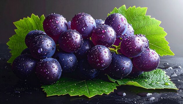 “A close-up of dark purple grapes and green leaves with water droplets on a dark surface.”