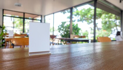 Blank white sign on a wooden table in a bright restaurant with large windows and blurred background