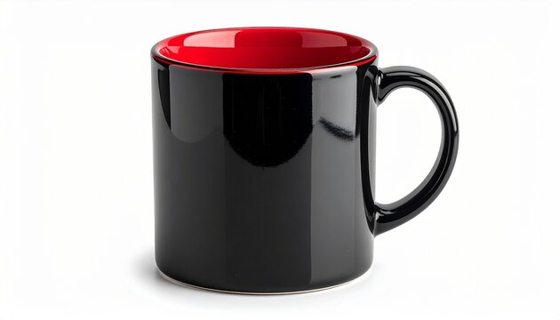 “A glossy black coffee mug with red interior, isolated against a white background.”