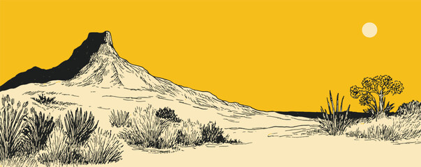 Naklejka premium A yellow and black drawing of a desert landscape with a mountain in the background. The sky is orange and the sun is setting