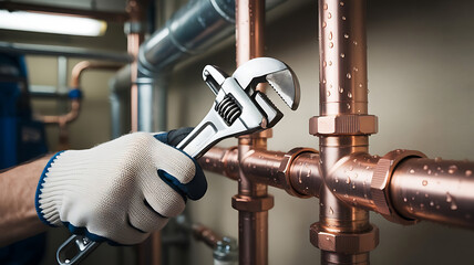 Plumber adjusting copper pipes with wrench plumbing