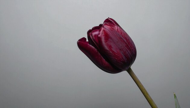 “A single dark red tulip with green stem and leaves, centered against a soft gray background.”