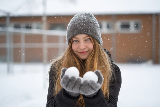 Joyful girl in gloves holding packed snow on school grounds, soft-focus pavilion behind, for winter fun and youthful activity concepts.