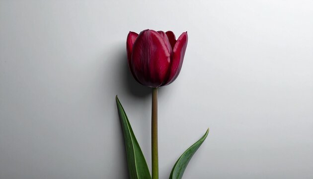 “A single dark red tulip with green stem and leaves, centered against a soft gray background.”