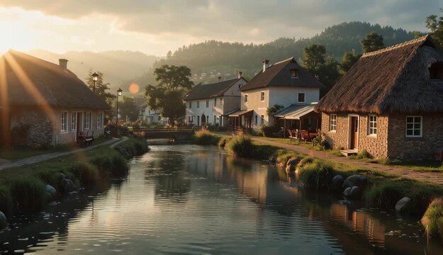 Idyllic Village Canal Rural Landscape, Traditional Houses, Serene Waterway