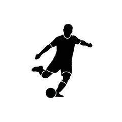 Black silhouette of a male soccer player kicking a football against a white background.
