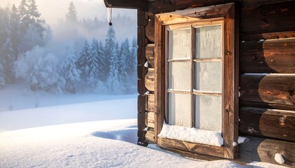 Rustic cabin window in snowy landscape