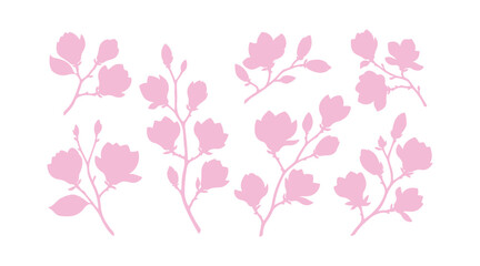 Magnolia blossoms. Assortment of magnolia branches. Vector art in different colors on a white surface.