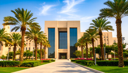 Modern Office Building with Palm Trees and Lush Greenery.