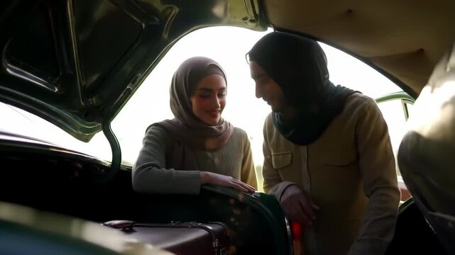 Two Muslim Women in Hijabs Packing Luggage into a Car Trunk for a Road Trip.