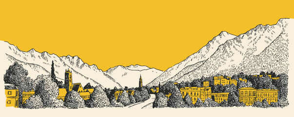 A yellow and white drawing of a mountain range with a town in the valley below. The mountains are covered in snow and the town is small and quaint © annetdebar