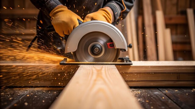 Circular saw cutting wood planks sparks
