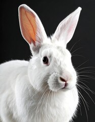 Obraz premium A close-up studio shot of a fluffy, pure white rabbit against a stark black background. The rabbit has erect ears and pink inner ears