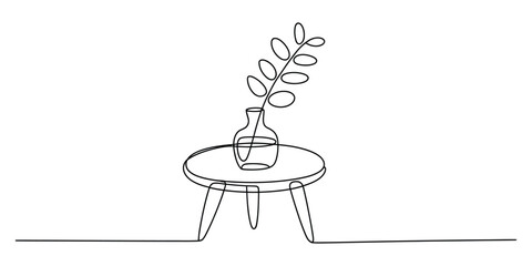 Continuous line art drawing of plant in vase on minimalist table