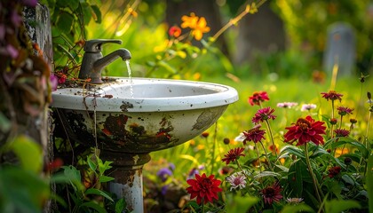Rustic garden basin with running water