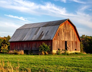 Obraz premium Rustic red barn at sunset